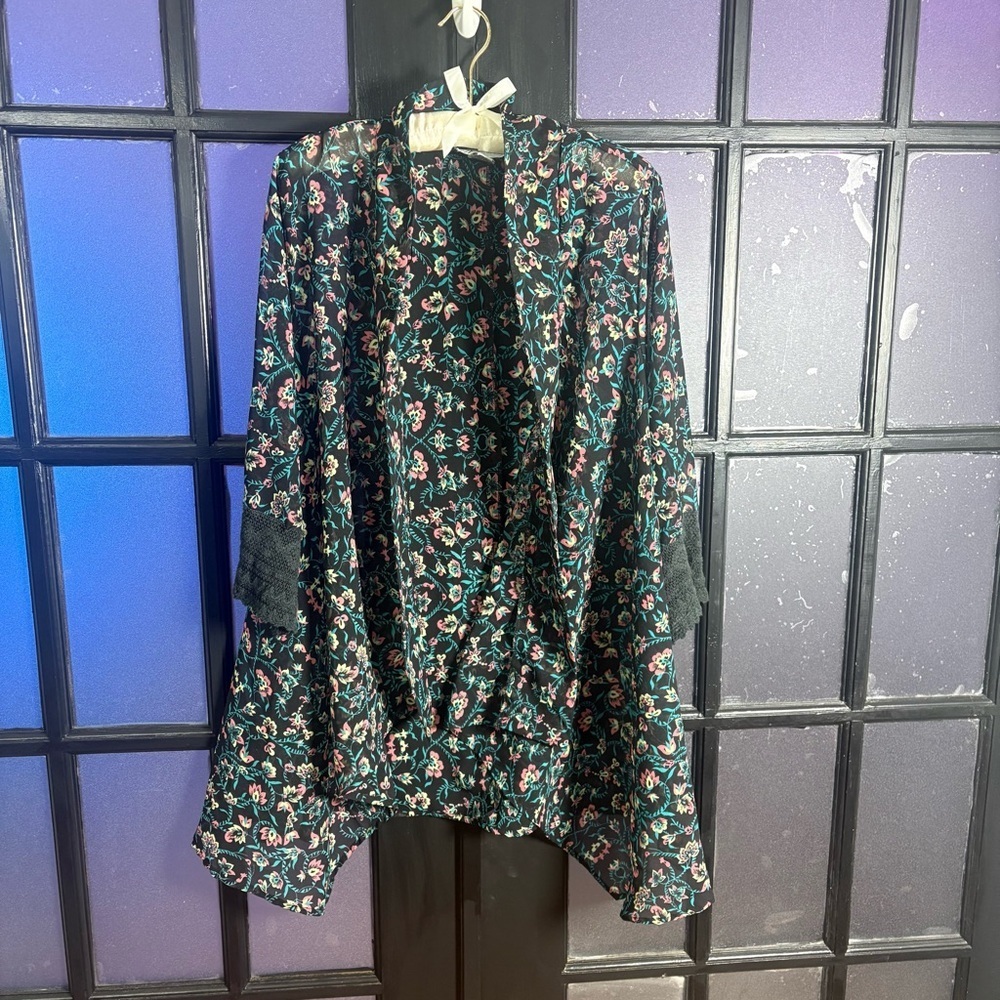 Floral Boho Kimono Cardigan Black Crochet Sleeve Lightweight M